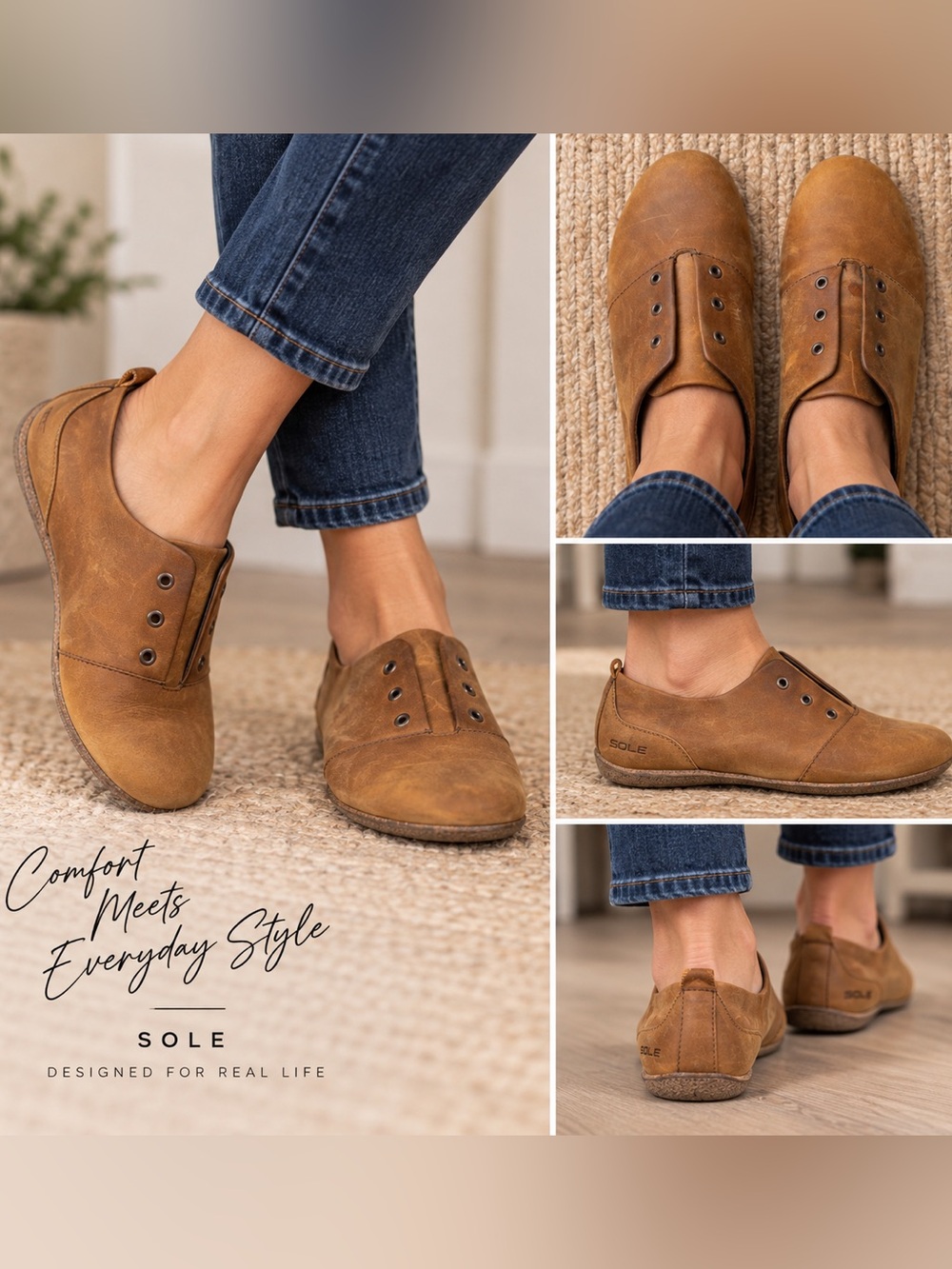 SOLE district by recork | 
Women’s Leather Slip On Cognac Brown Comfy Casual